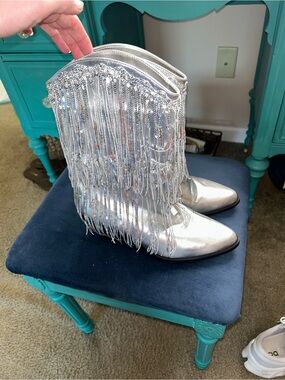Silver Metallic Fringe Cowboy Boots